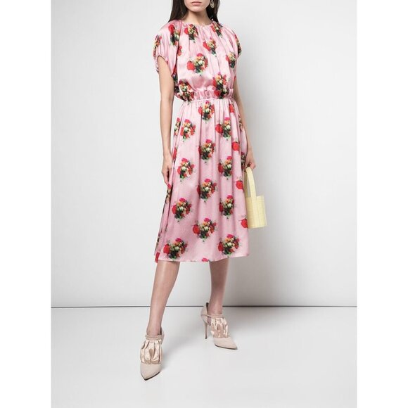 Adam Lippes Ruffle Floral Dress Pink Silk Midi - Picture 1 of 14